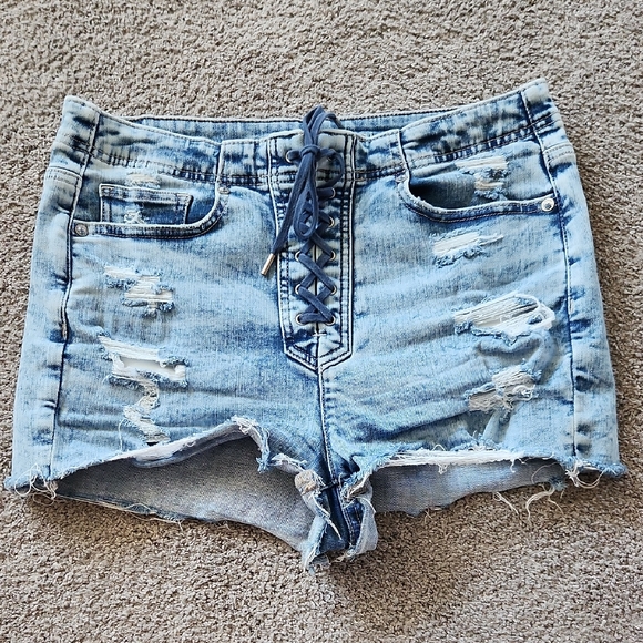 American Eagle Outfitters Lace-Up Light Blue Jean Shorts - Picture 1 of 5